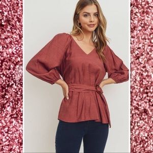 Beautiful V-neck 3/4 sleeve buckle self tie blouse